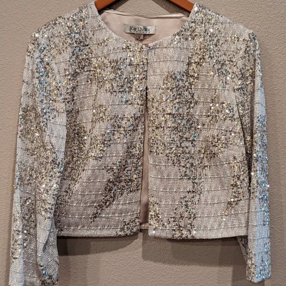 NWT - Kay Unger Silver Sequined Cropped Jacket (Size: 12) - Picture 1 of 9